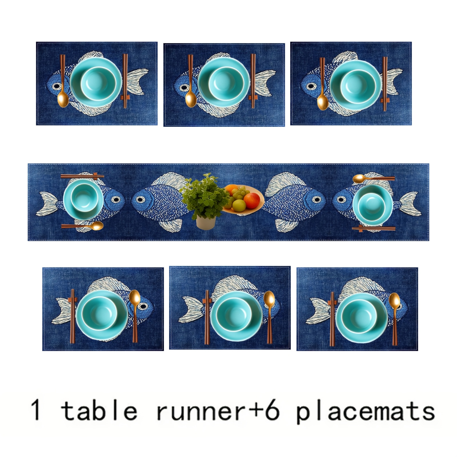 TEMU Tovaglia e sottotovaglie 5/7 pezzi, tema motivo pesce blu, per feste, cucina, , campeggio e picnic, , , tappetino decorativo per bar, scelta per
