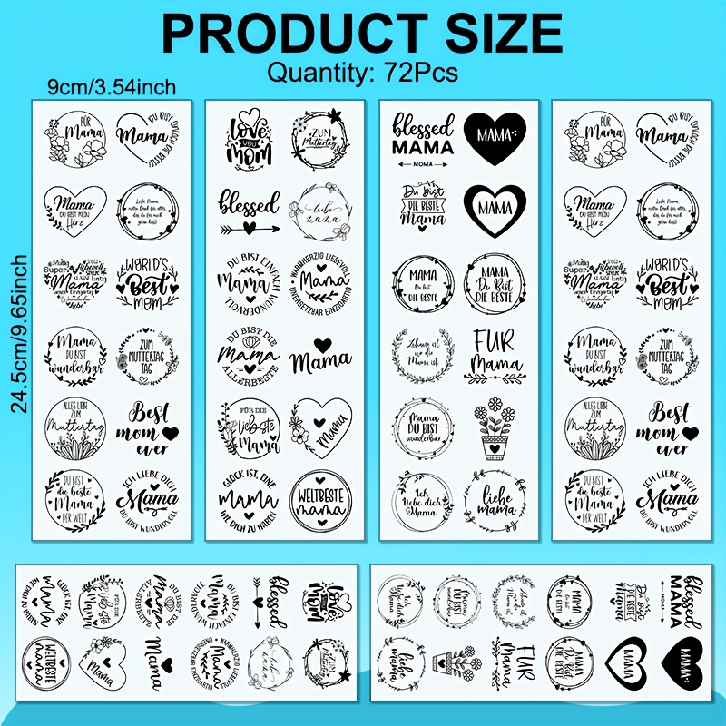 Image of 72pcs/set Of German Mom Mother's Day Keychain Transfer Paper - Vibrant, Waterproof Uv Dtf Transfer Paper, Suitable For Crafts, Phone Cases, Computer, Keychain Additions, And Office Supplies