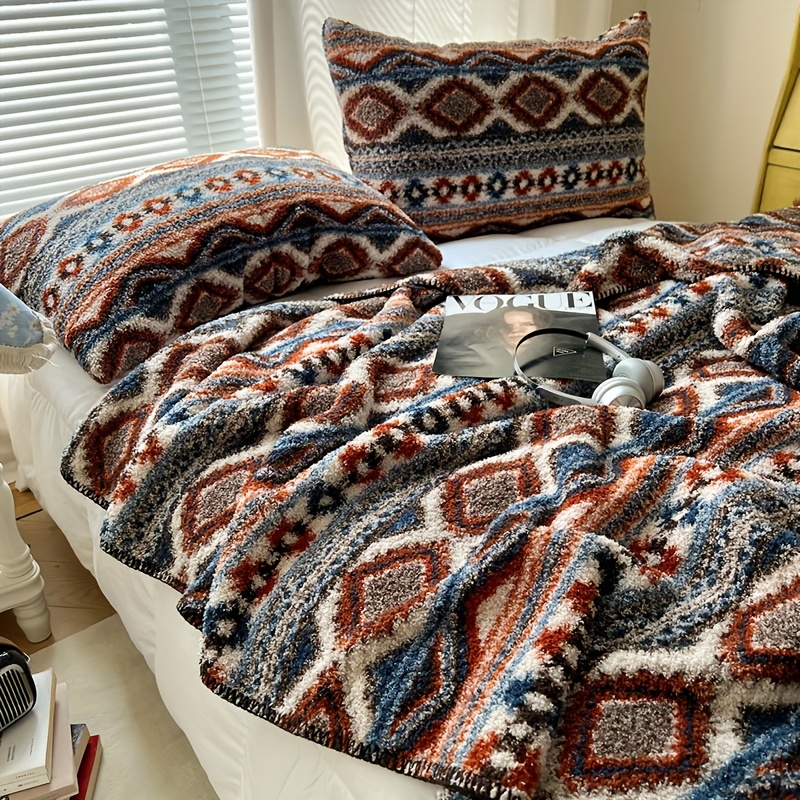 1pc Bohemian Plush Throw Blanket - Ultra-Soft All-Season Luxury Bedspread with Brown, Beige, Blue-Green Geometric Patterns - Machine Washable Couch, Dorm, Office, Travel Blanket - Lightweight & Warm Home Decor, Blanket for Bed, Dorm Room Bedding, Fantasy Themed Decor, Skinfriendly Fabric, Office Comfort, Boho Chic Decor, Durable Material, Office Workers