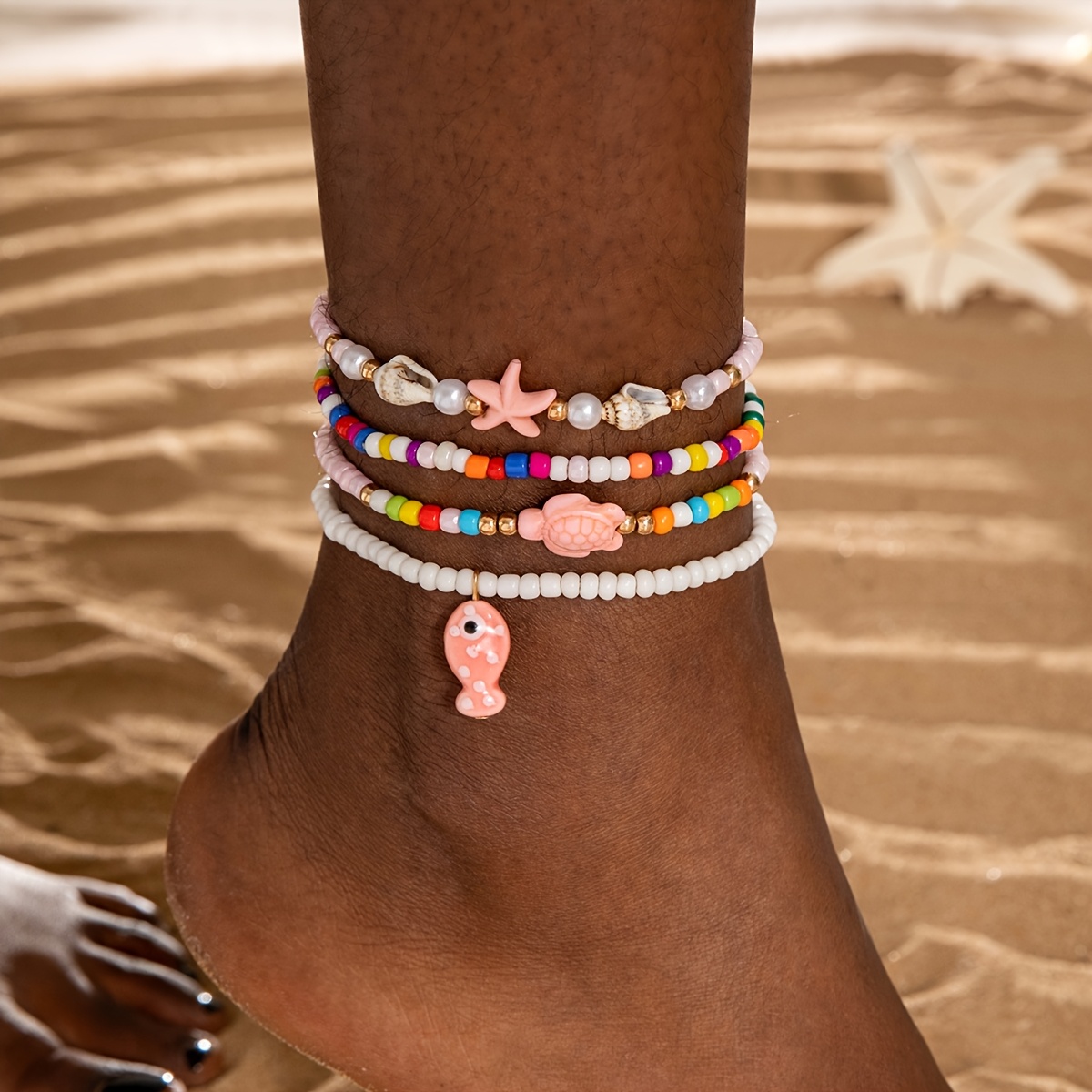 Beach Style Rice Bead and Shell Anklet Set for Women Dance Party