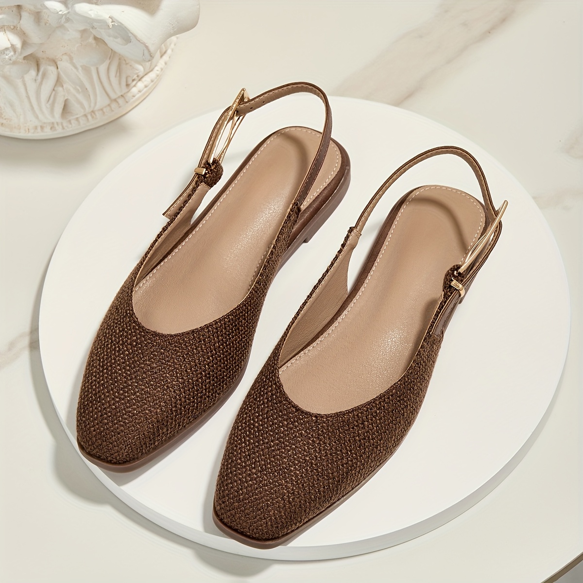 Image of Brown Apricot Linen Square Toe Soft Sole, Shallow Mouth Metal Women's Flat Sandals, Women Shoes