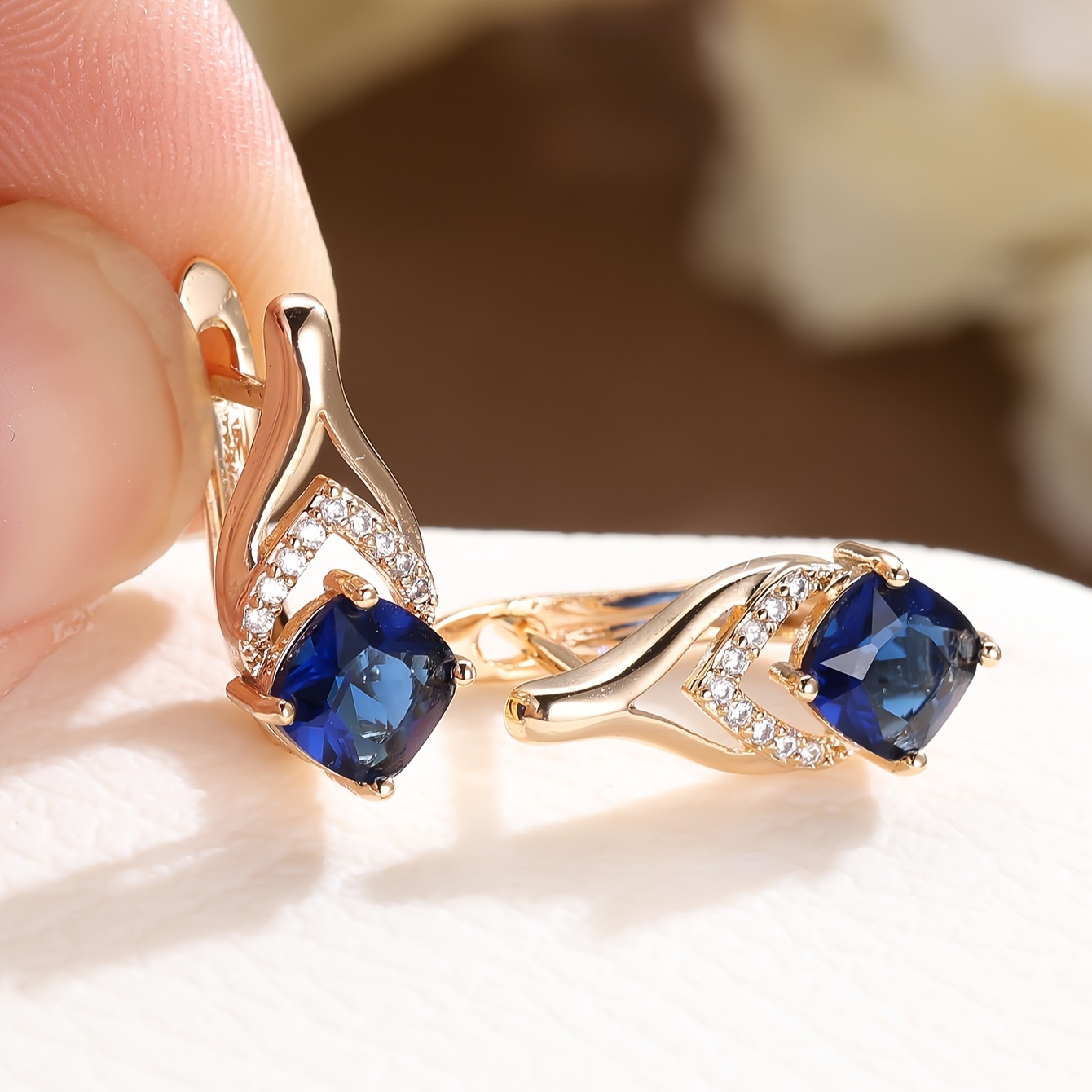 Image of Luxury Golden Cut Blue Stone Drop Earrings For Women Claw Earrings Fine Jewelry For Women