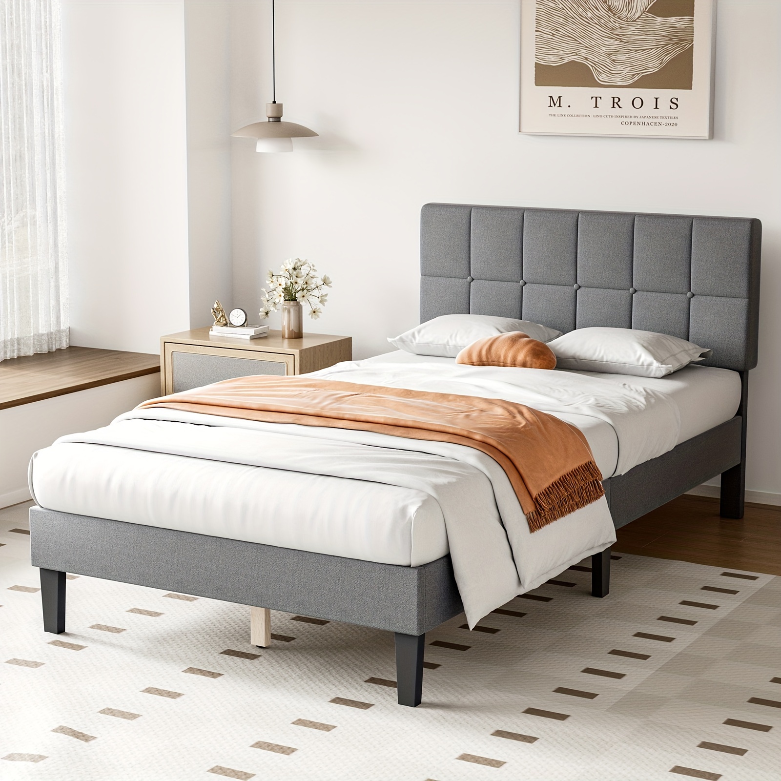 

Twin Bed Frame With Headboard, Spring Needed, Linen Upholstered Platform Bed Frame With Wood Slats Support, , A '