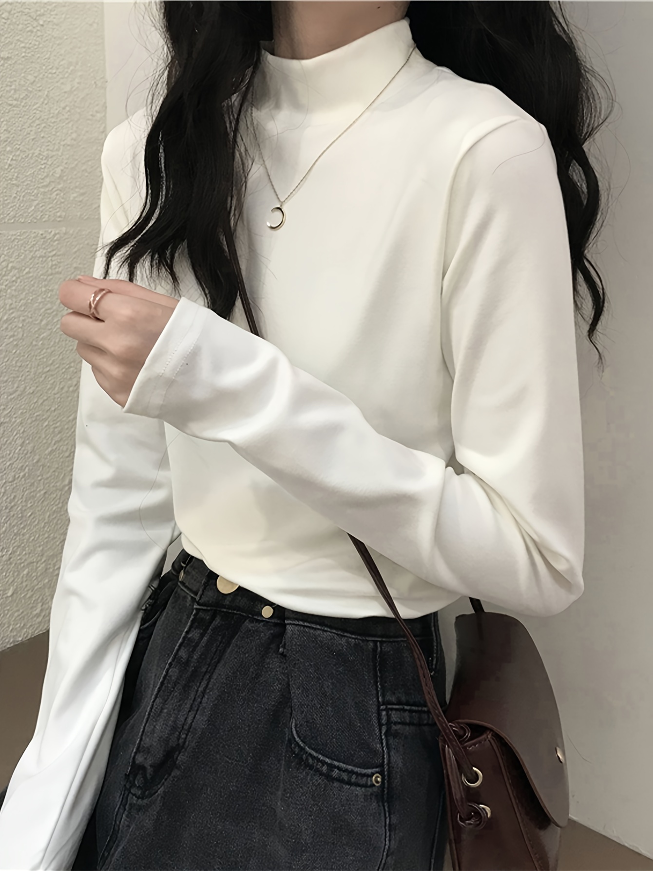 womens fit white turtleneck crop top long sleeve stand Temu