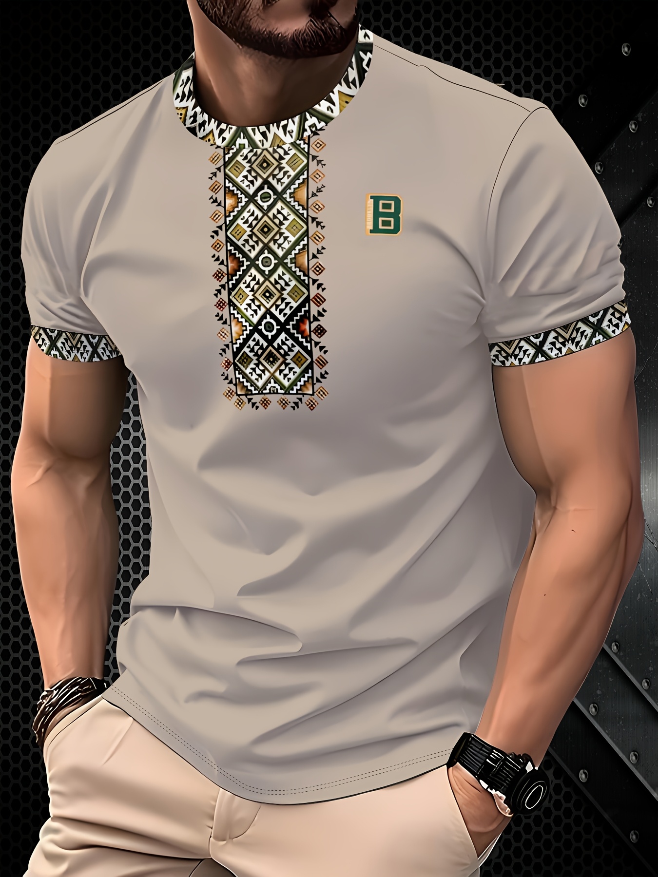 Men's White Geometric Print Casual T-Shirt - 100% Polyester, Breathable & Moisture-Wicking, Machine Washable, Regular Fit for All-Season Comfort, Breathable Clothing | Geometric Pattern Shirt | Comfortable Fit