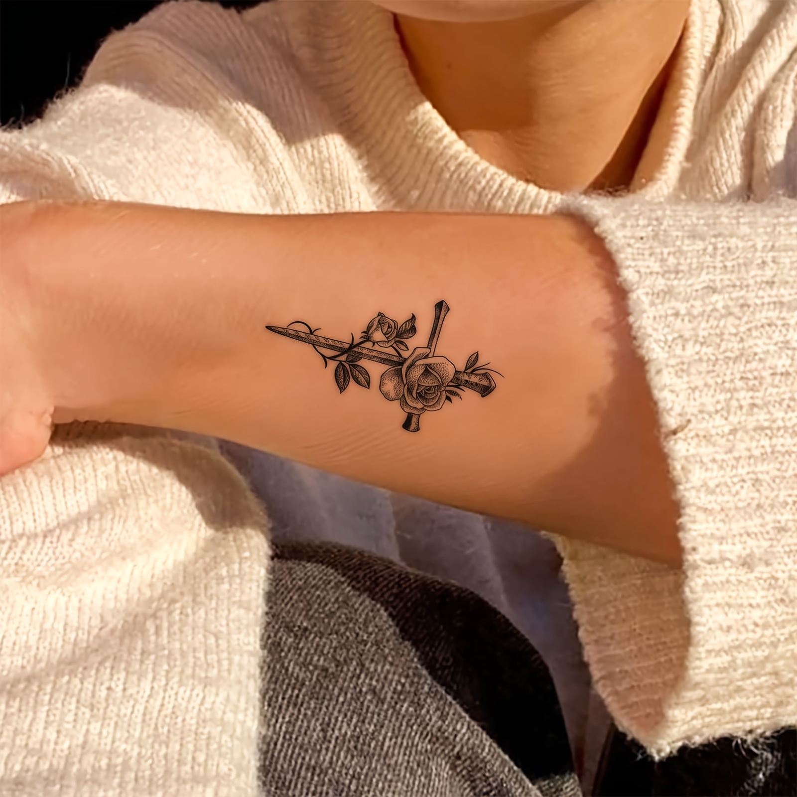 a easy fashionable dark cross rose tattoo sticker - Temu Bahrain