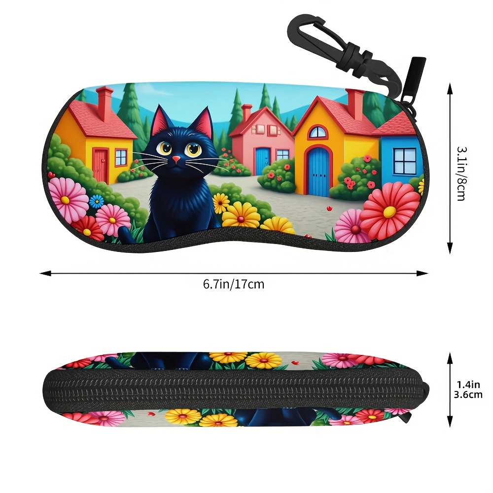 TEMU 1pc, Whimsical Black Cat Case With Clip, Portable Zippered Eyeglass Pouch For Women, Lightweight And Practical For Daily Use, Great For