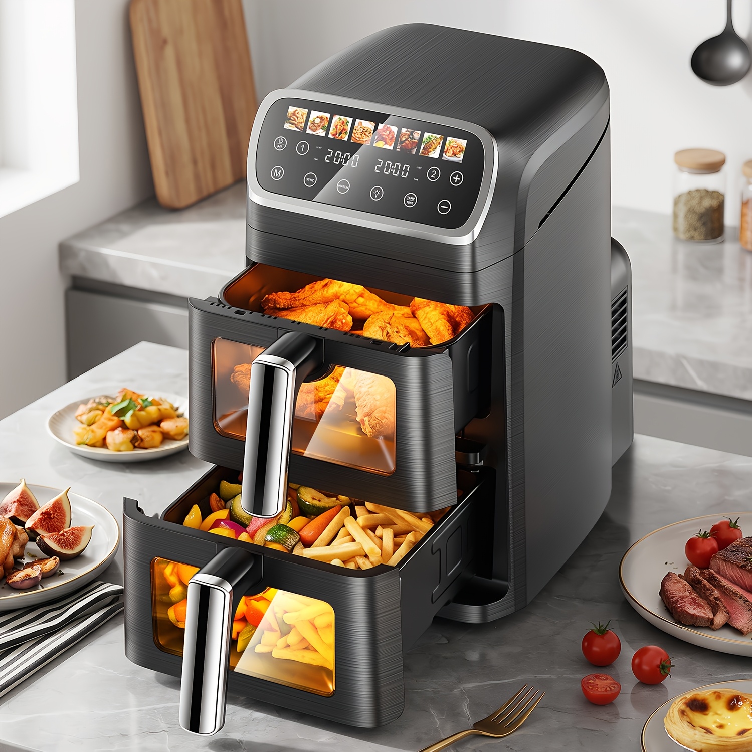 Image of Large Dual Basket Air Fryer With Viewing Window & Viewing Door Suitable For 2-6 People, 9-liter Family For Whole Chicken Roasting, Appliance With Sync/match , Dishwasher Safe, For Small Kitchens