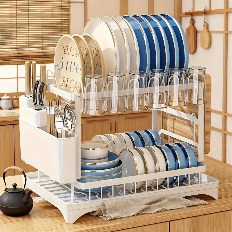 E-shop Geschirrständer - Ein platzsparender Küchenorganizer mit Fächern für Teller, Schüsseln, Tassen, Messer, Gabel und Schneidebrett - eine kompakte