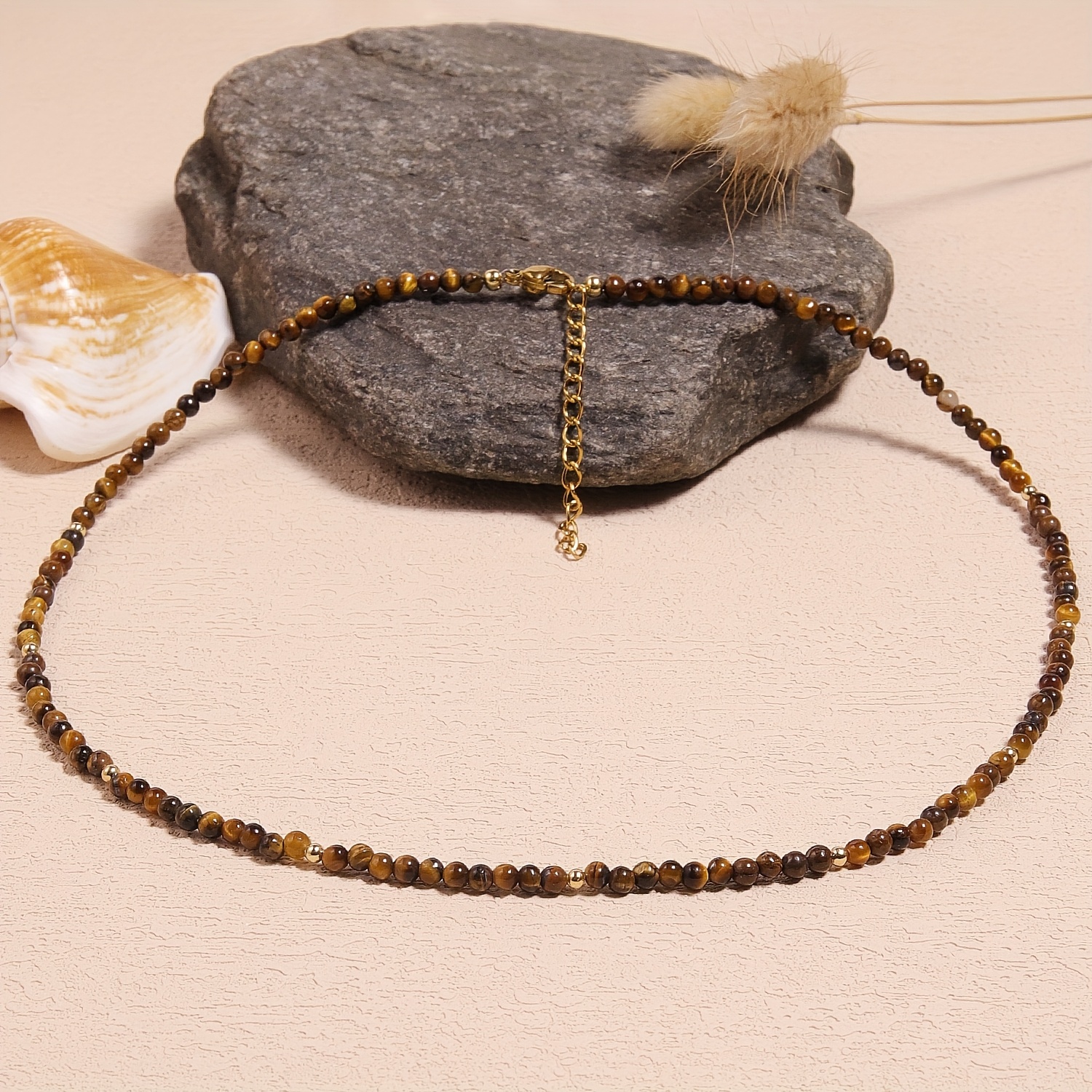 E-shop Vintage Elegante Damen Halskette - 3mm Natürliche Tigeraugen Perlen, Verstellbare Glatte Perlen, Goldfarbene Kette, für & Besondere Anlässe