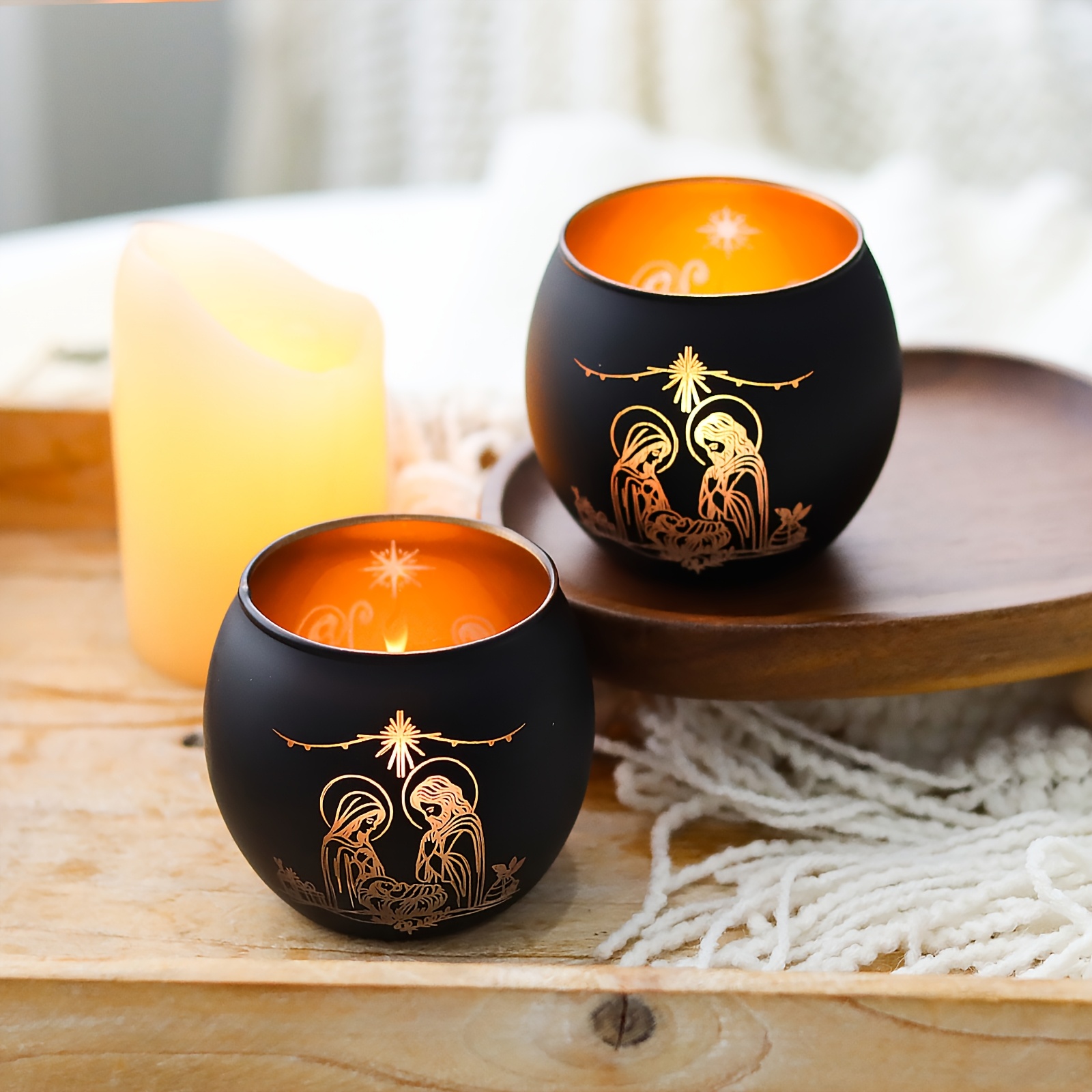 2 Bougeoirs en verre de la naissance de Jésus, décoration chrétienne, décoration de vacances de style classique, décoration de fête à la maison et au festival, nuit de la naissance de Jésus, Noël, Thanksgiving, Pâques et décoration de Nouvel An