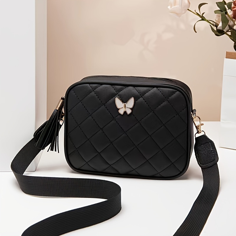 TEMU [popular ] Elegant Quilted Crossbody Bag With Emblem And Tassel Accent - Small Square Phone Purse In Black, , White, Pink | Leather With Zip Closure And Adjustable Strap