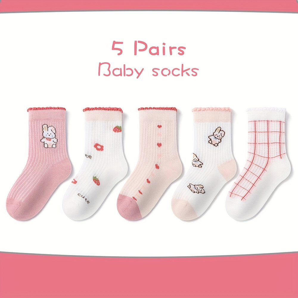 

5 Pairs Of Girl's Adorable Cartoon Character Pattern Crew Socks, Comfy Breathable Casual Soft Socks For Kid's Outdoor Activities