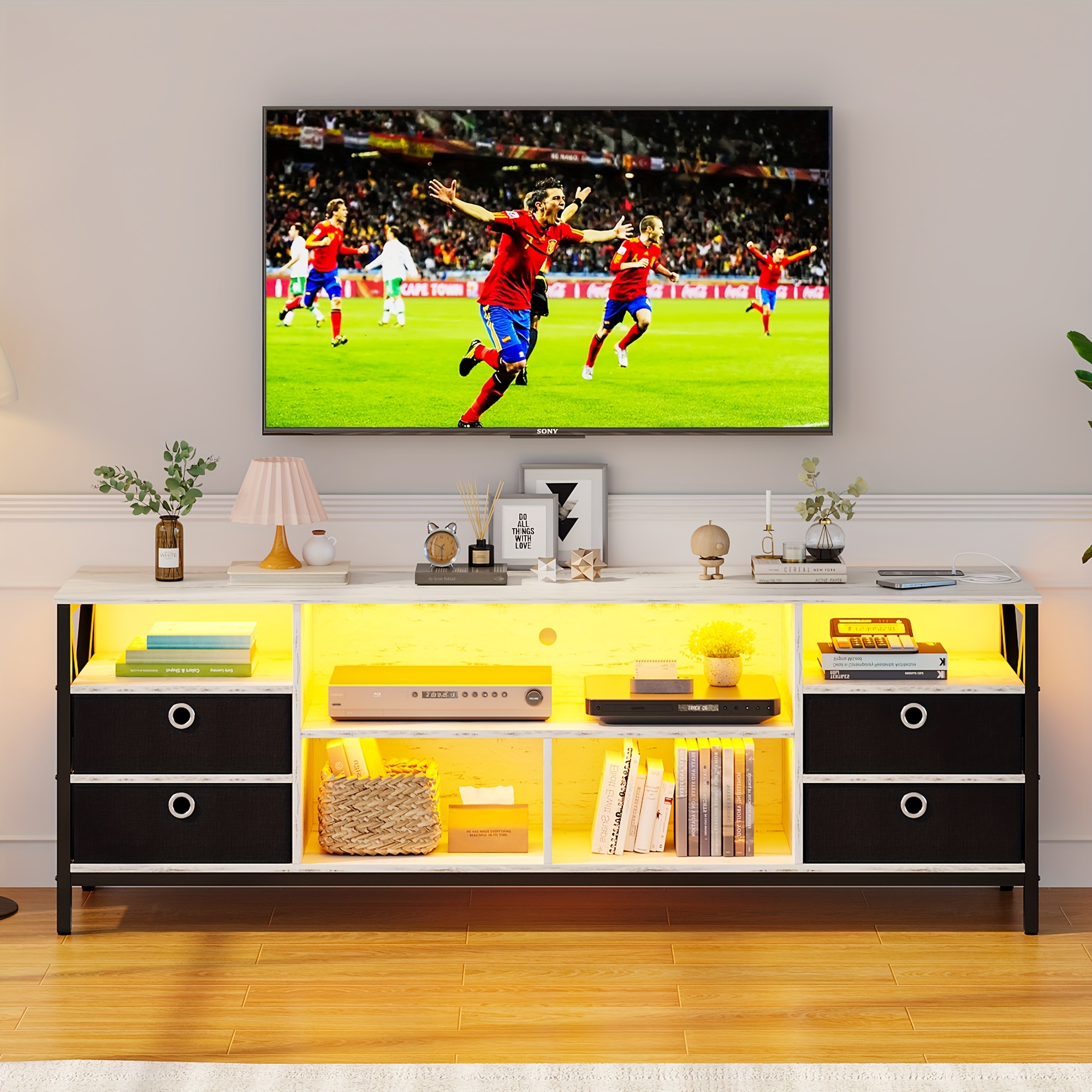 

Tv Stand, For Tvs Up To 70 Inches, Tv Table, 63 Inches Width, Tv Cabinet With Storage Shelves, Steel Frame, For Living Room, Bedroom, (white)