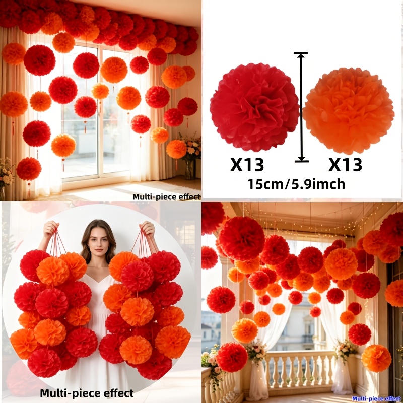 TEMU 26pcs 2-color Paper Flower Balls Pack, 13pcs Red And 13pcs Orange Paper Balls 15cm Holiday Hanging Decorations, Christmas Decor Birthday Party