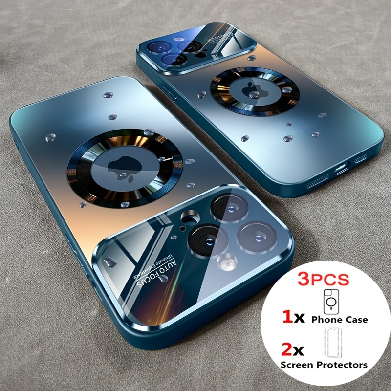 TEMU Coque de téléphone - Ensemble de 3 pièces [1 Coque de téléphone + 2 Protecteurs d'écran] Coque de téléphone de luxe en verre avec fenêtre