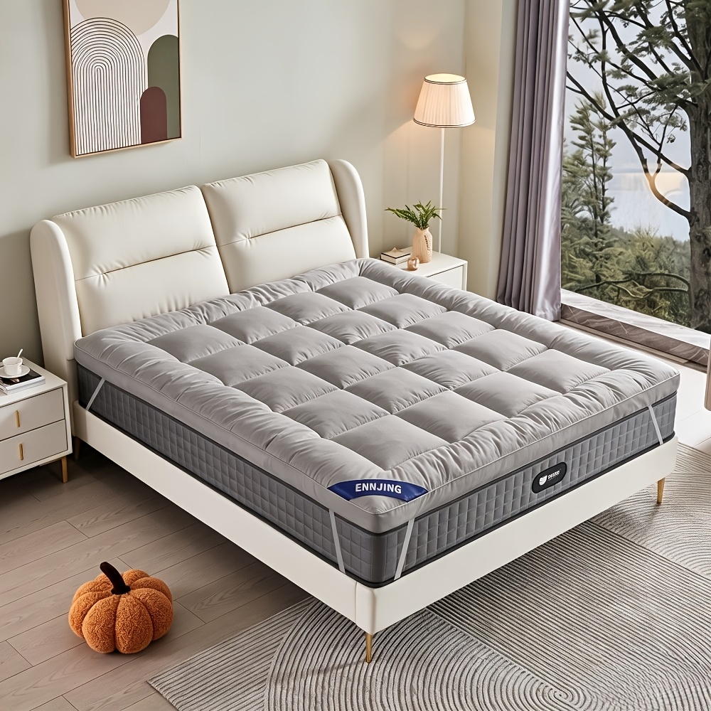 Image of Luxury Fluffy Mattress Topper Plush Thick Bed Pad, Anti-slip Fixed Strap Design, Breathable Hypoallergenic Mattress Protector, Machine Washable Bed Cushion