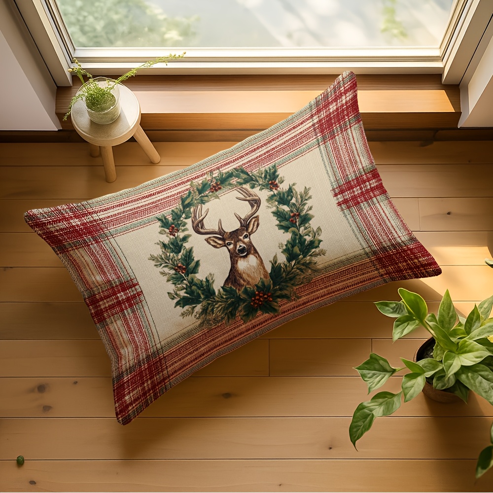 TEMU A Modern Minimalist Christmas Pillow Cover Featuring A Deer And Design - Soft Plush Cushion Cover With A Zipper, In , Red, Golden, Brown, And