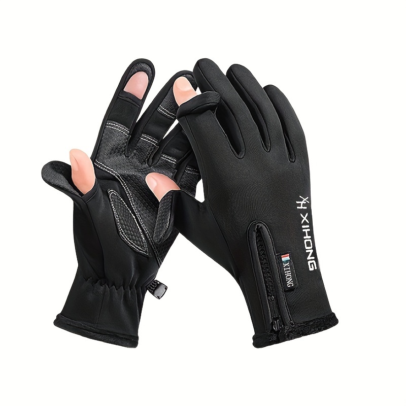 

Winter Touchscreen-compatible Outdoor Gloves With Zipper - Warm Fleece , Flip- For Motorcycle Riding, Motorcycle Gloves