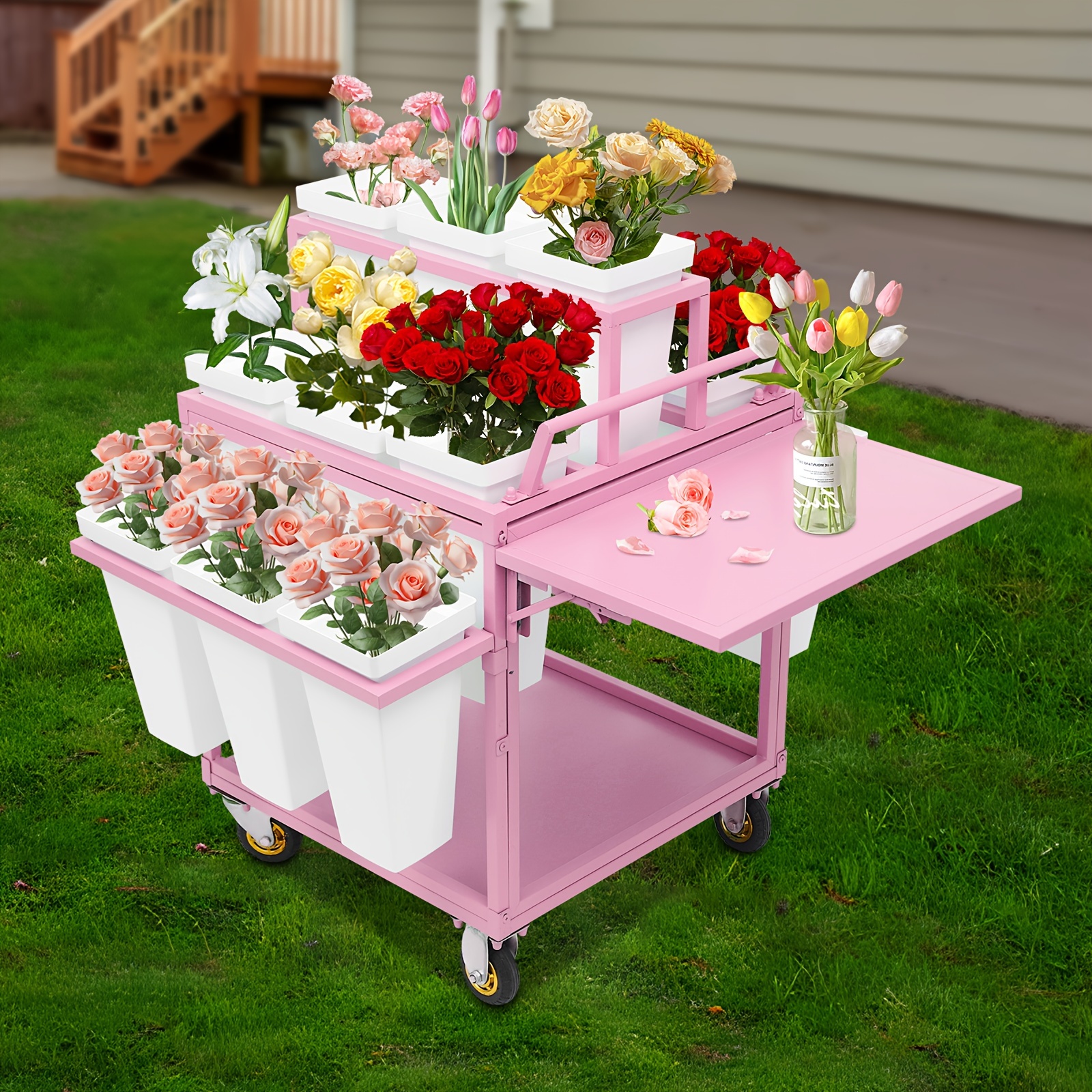 metal garden cart plant stand 18pcs buckets rolling - Temu