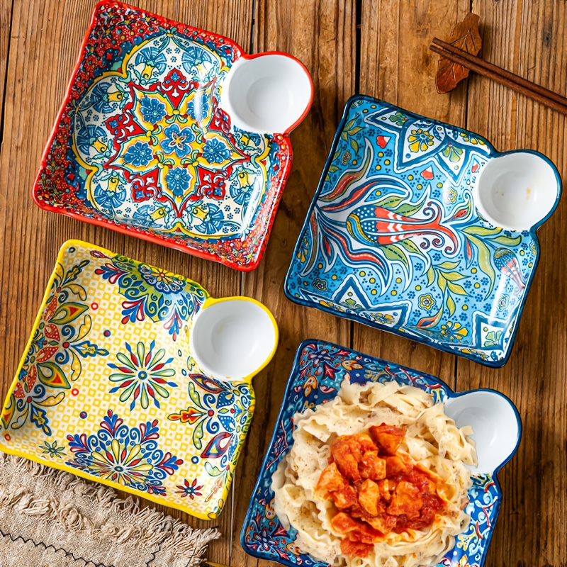 TEMU 4pcs Bohemia Ceramic Chip And Dip Serving Set, Snack Plate, Sushi Plate, Dipping Well, Easy To Clean, Microwave & Dishwasher Safe/ Home Kitchen