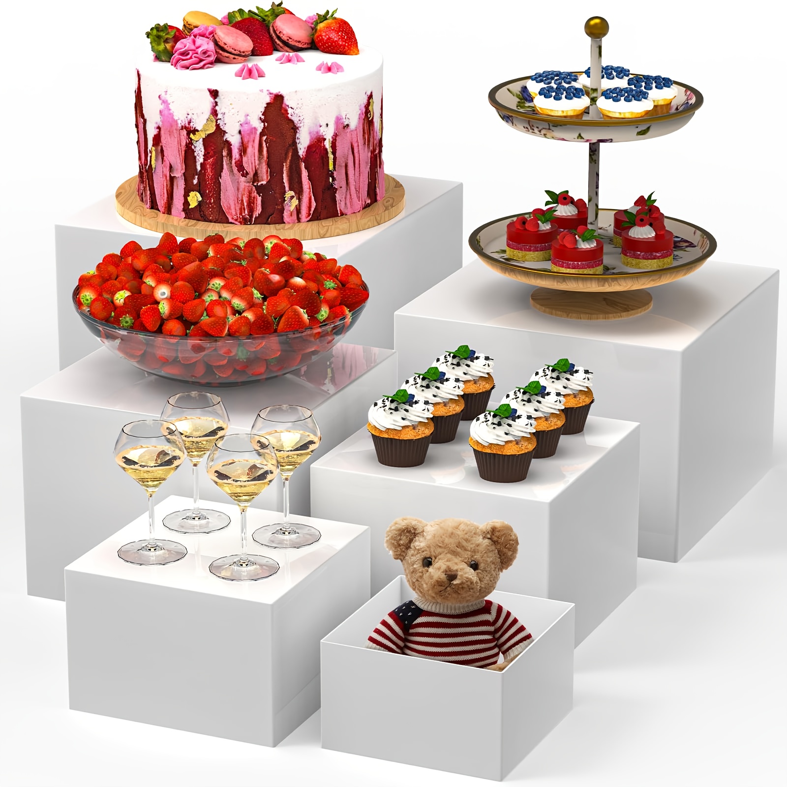 TEMU 6pcs Buffet Risers, Large Food Risers For Buffet Table, Display Stand Shelf For Party, Catering, Jewelry & Collectibles, White Acrylic Nesting