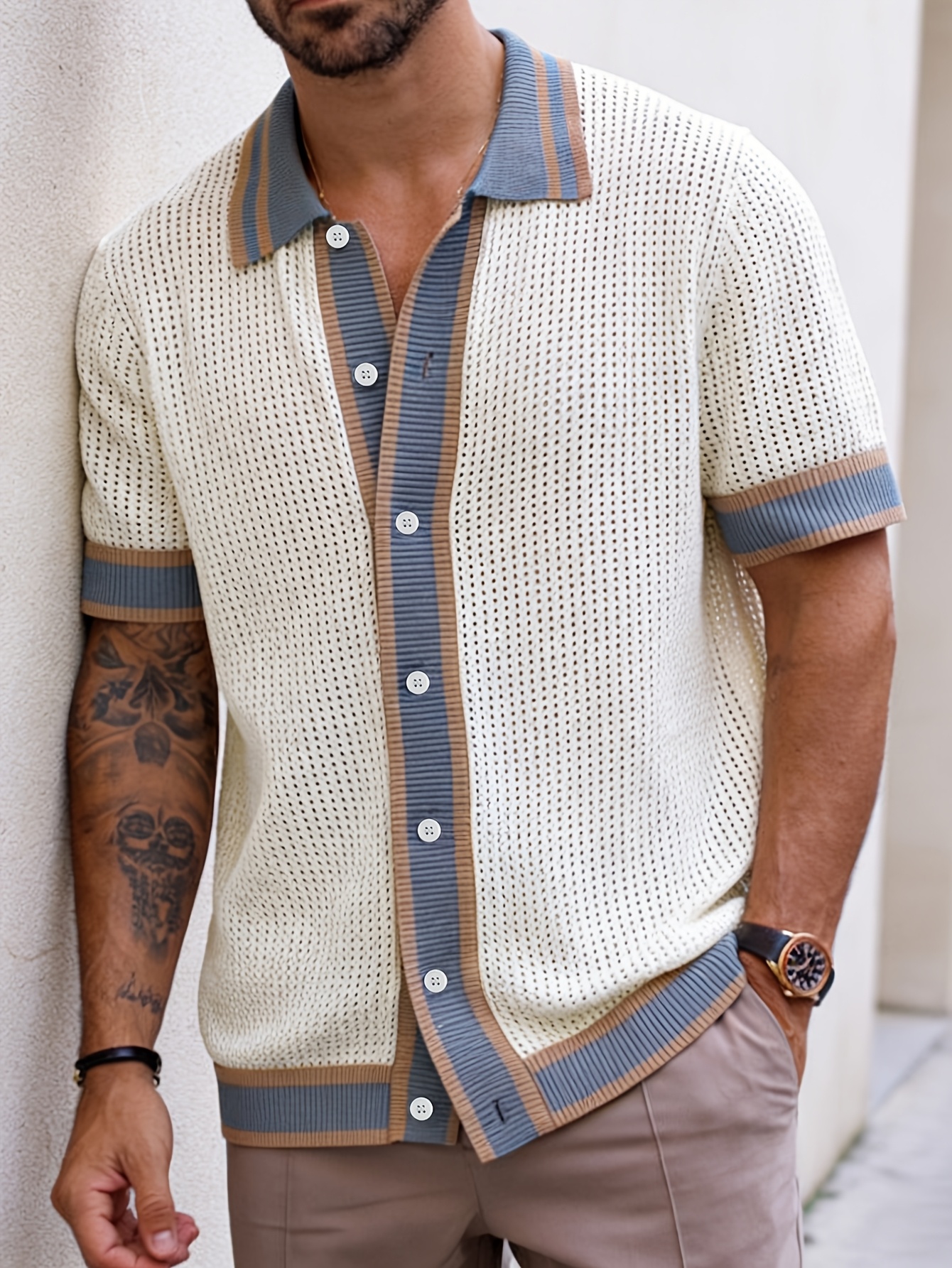 mens lapel knit cardigan short sleeve suitable for office in summer