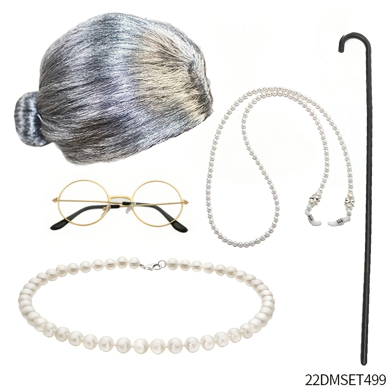 Image of Gray Grandma Wig, Old Lady Costume Suit, Grandma Wig Hat, Glasses Chain And Pearl Necklace Etc., Suitable For Halloween And Christmas Ladies' Dress