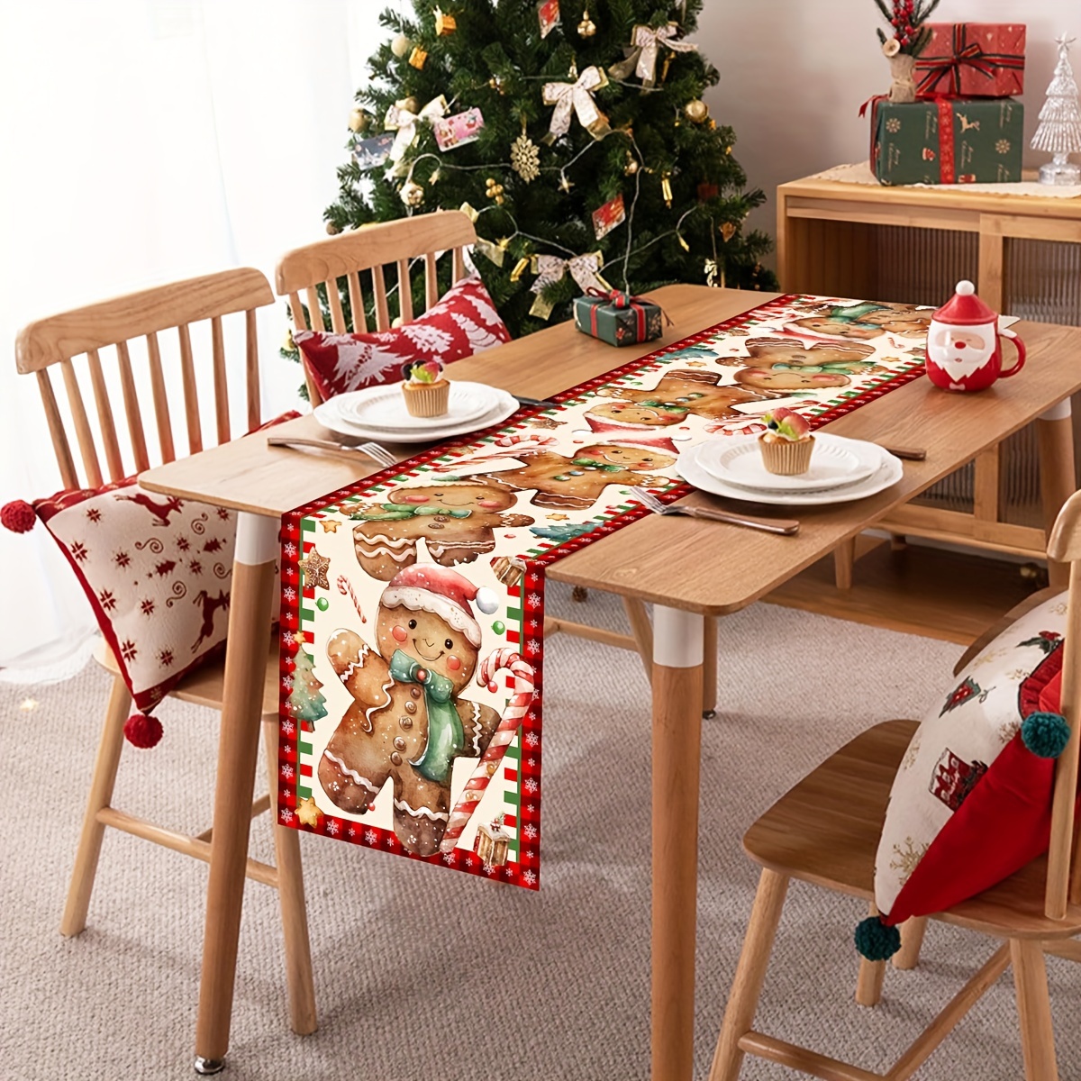 

Christmas Gingerbread Man Design Polyester Table Runner - 1pc Woven Rectangular Table Decoration For Holiday Festivities And Home Decor