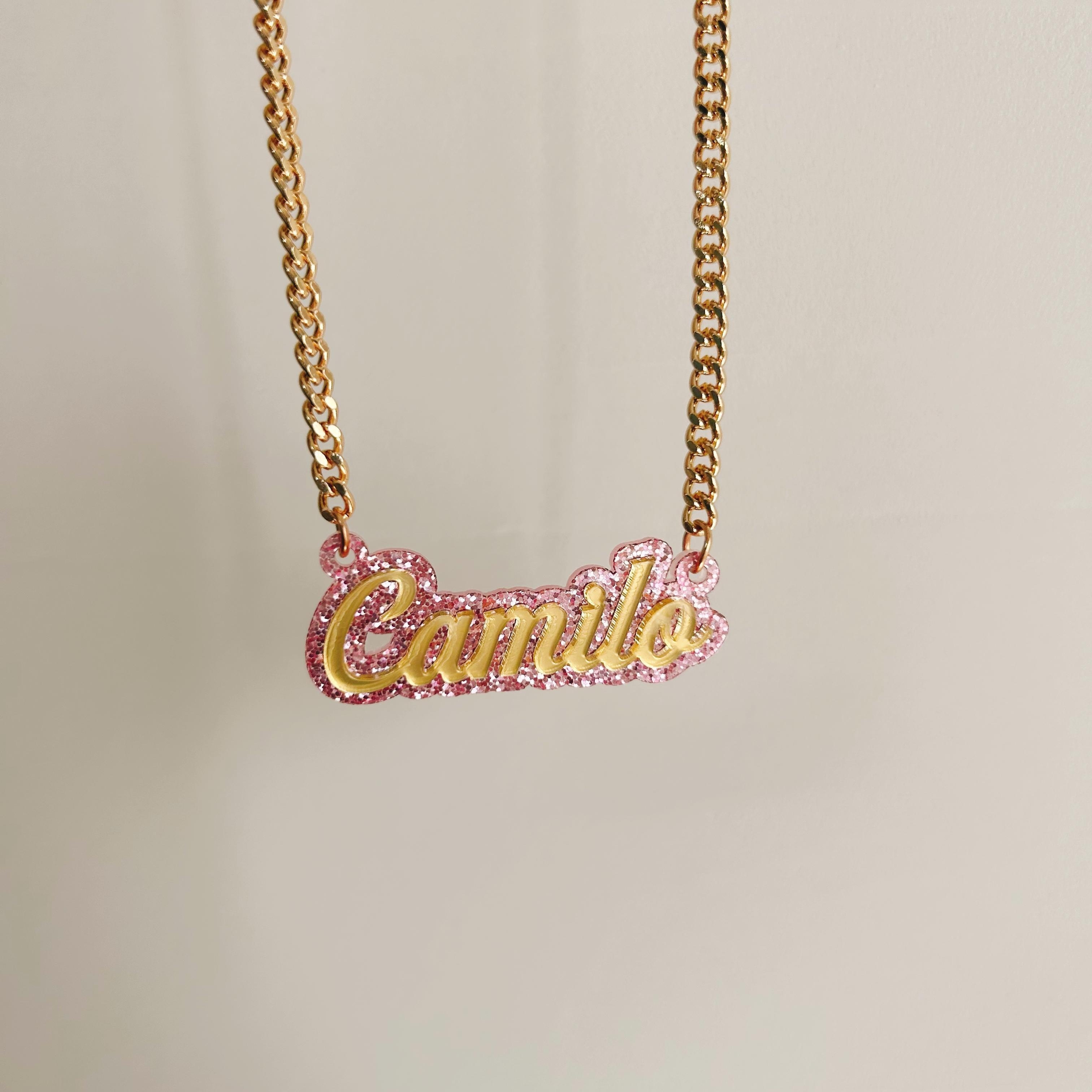 TEMU Custom Bling Acrylic Name Necklace For Women - Heart-shaped Pendant With Sparkling Embellishments, Options, Elegant Cursive Font, Durable Chain