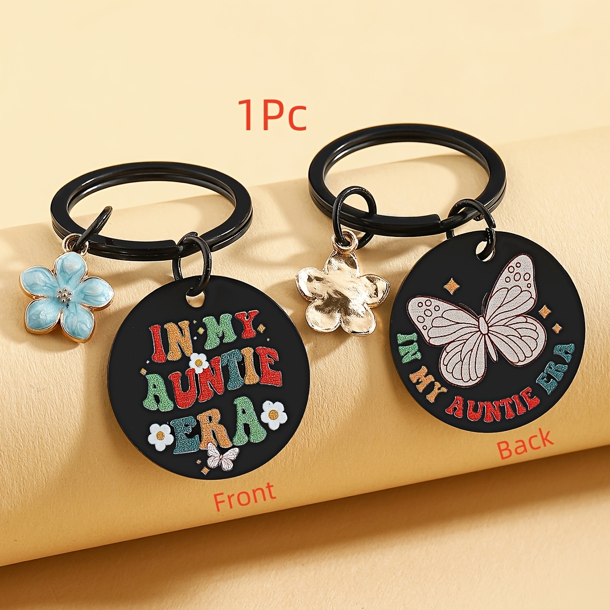 Image of Single Auntie Keychain - "in My Auntie Era" Lettering & Flower Accent - Round Key With Aunt/niece/nephew Gift Tag - Mothers Day Birthday Gift For Women - Best Aunt For