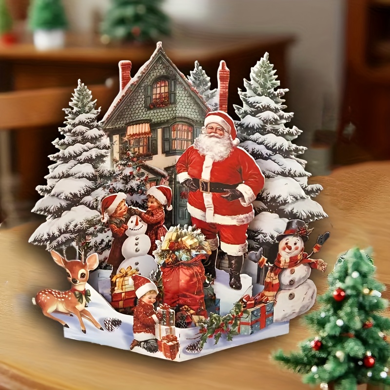 Image of 1 Vintage Christmas Card With Envelope, Santa Claus Pop-up 3d Greeting Card - Featuring Santa, Snowman, And Christmas Tree, Festive , Merry Christmas Home Decoration