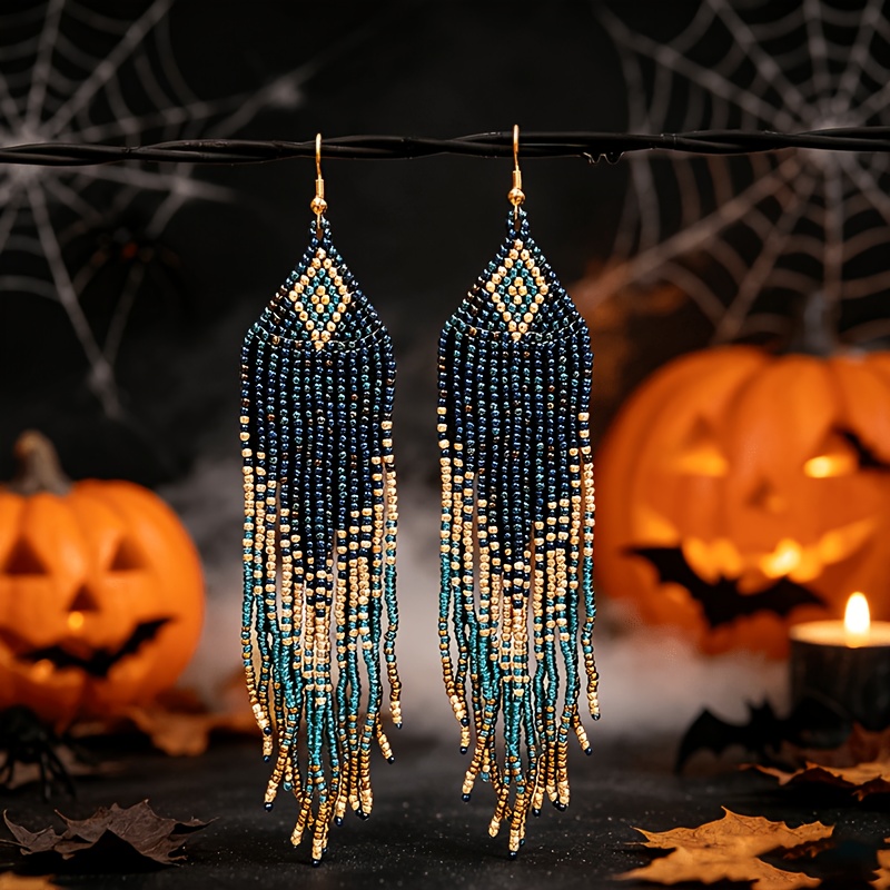 TEMU Boucles d'oreilles perlées pour femmes, style bohème vintage, perles multicolores charmantes, design long à gradient et pompon, perles de verre
