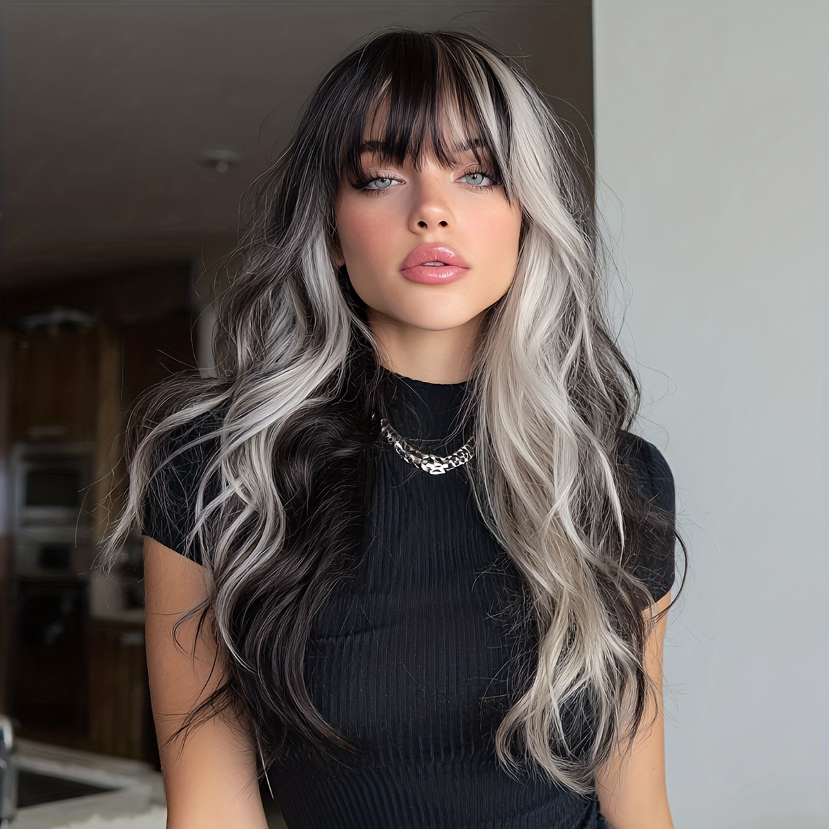 TEMU 26-inch Stylish And Chic Women' Black And Silvery Gray Highlighted Curly Synthetic Wig - Heat-resistant, Easy To Style, Look, Complete With A Comfortable For Everyday Hairstyles