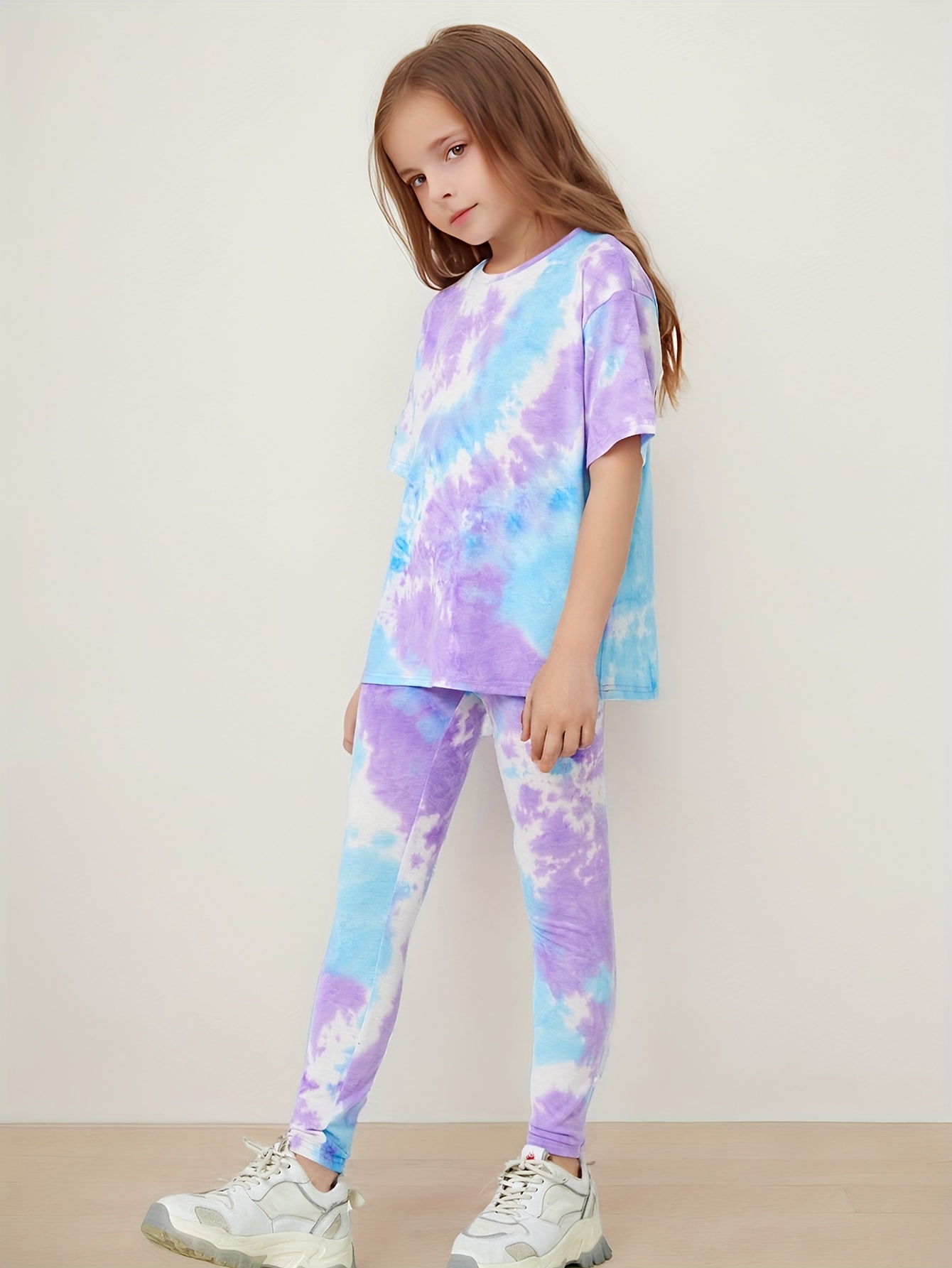 Girls Tie Dye Graphic Round Neck T shirt Tops Leggings - Temu
