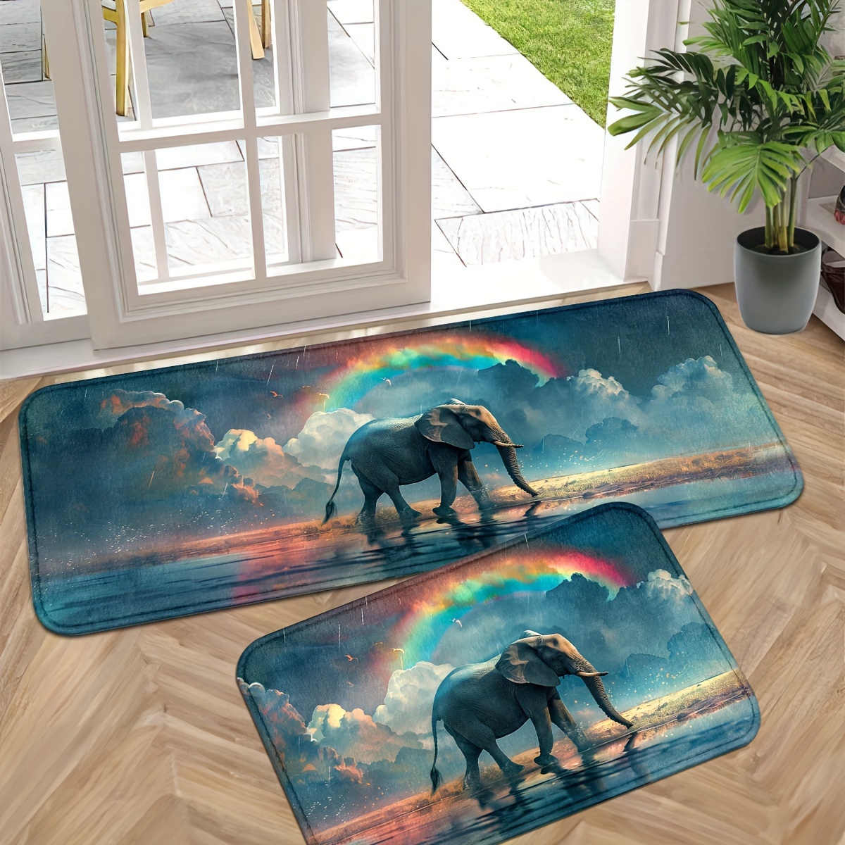 

Elephant And Rainbow Design Indoor Door Mat - Non-slip, Washable Polyester Entrance Rug For Kitchen, Bathroom, Laundry Room - Machine Made, Easy Care Entryway Floor Mat