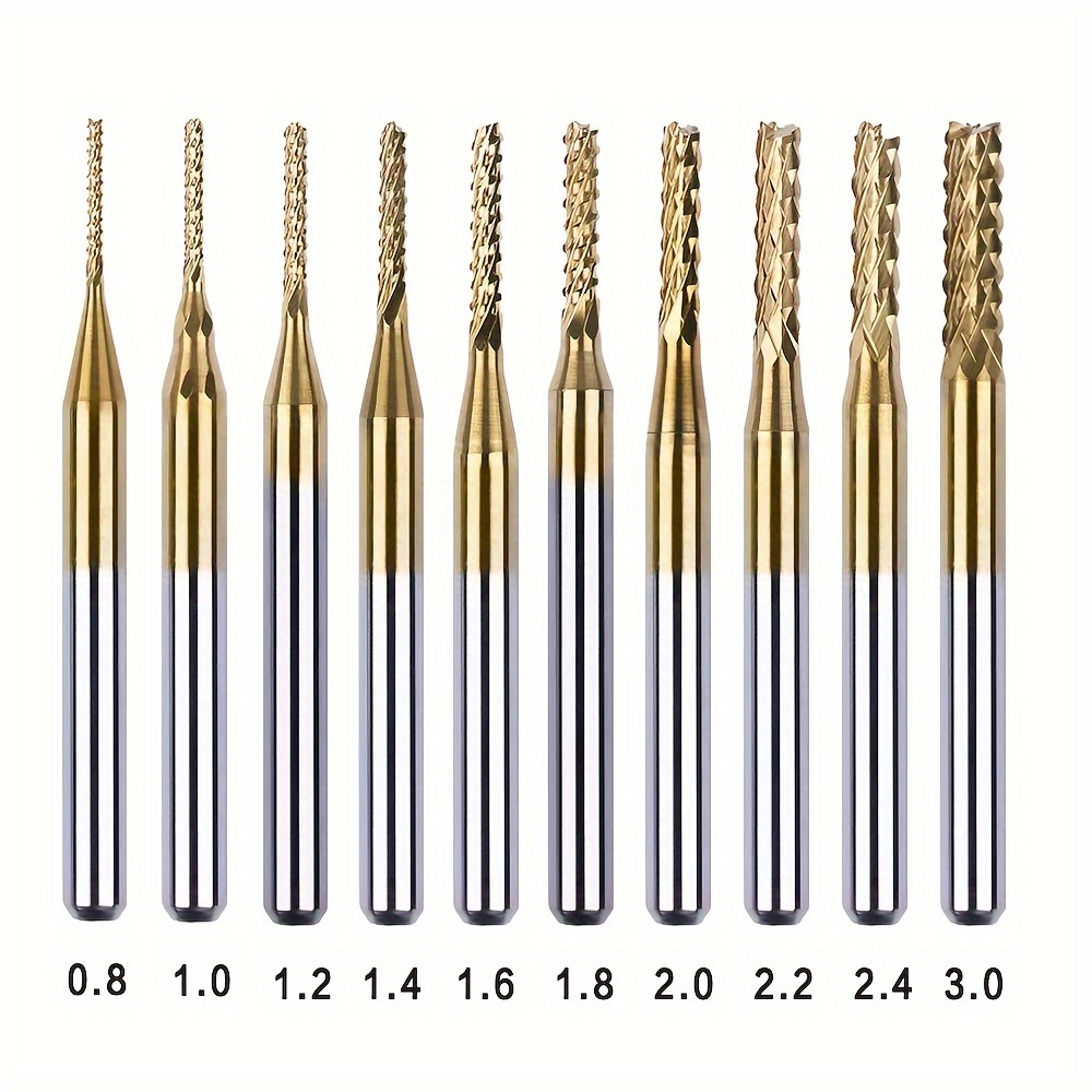 

10pcs 0.8-3mm Titanium Coated Engraving Milling Cutter Carbide Bits, 1/8'' Shank For Rotary Tools