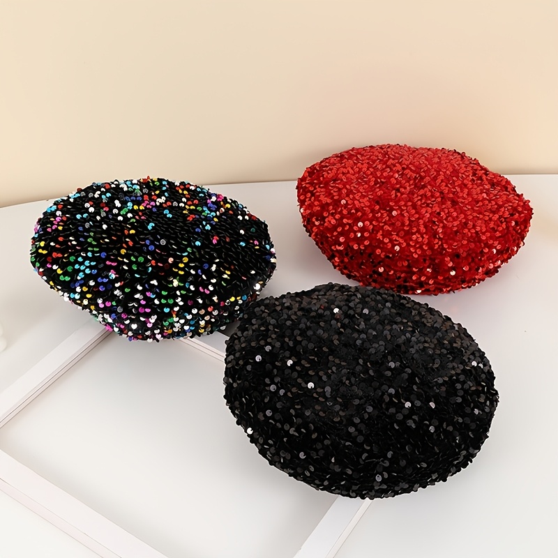 

Women' Sequin Beret Hats - Vibrant Fashion Accessory For Stage Performances & Outdoor Events, Lightweight Polyester, In , Black, And Red, Headwear|sparkling Headgear|woven Texture