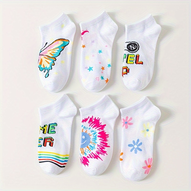 E-shop 6er-Pack Damen Unsichtbare Bootssocken in einfarbigem bedrucktem Design, vielseitig für den , stilvolle, flach geschnittene, niedrige, modische