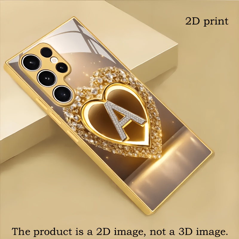 TEMU Handyhülle - 2D Flache Diamant "A" Eingelegtes Goldenes Herz Muster Neue Luxus Business Einfache Vollständige Abdeckung Glas Hülle Geeignet für
