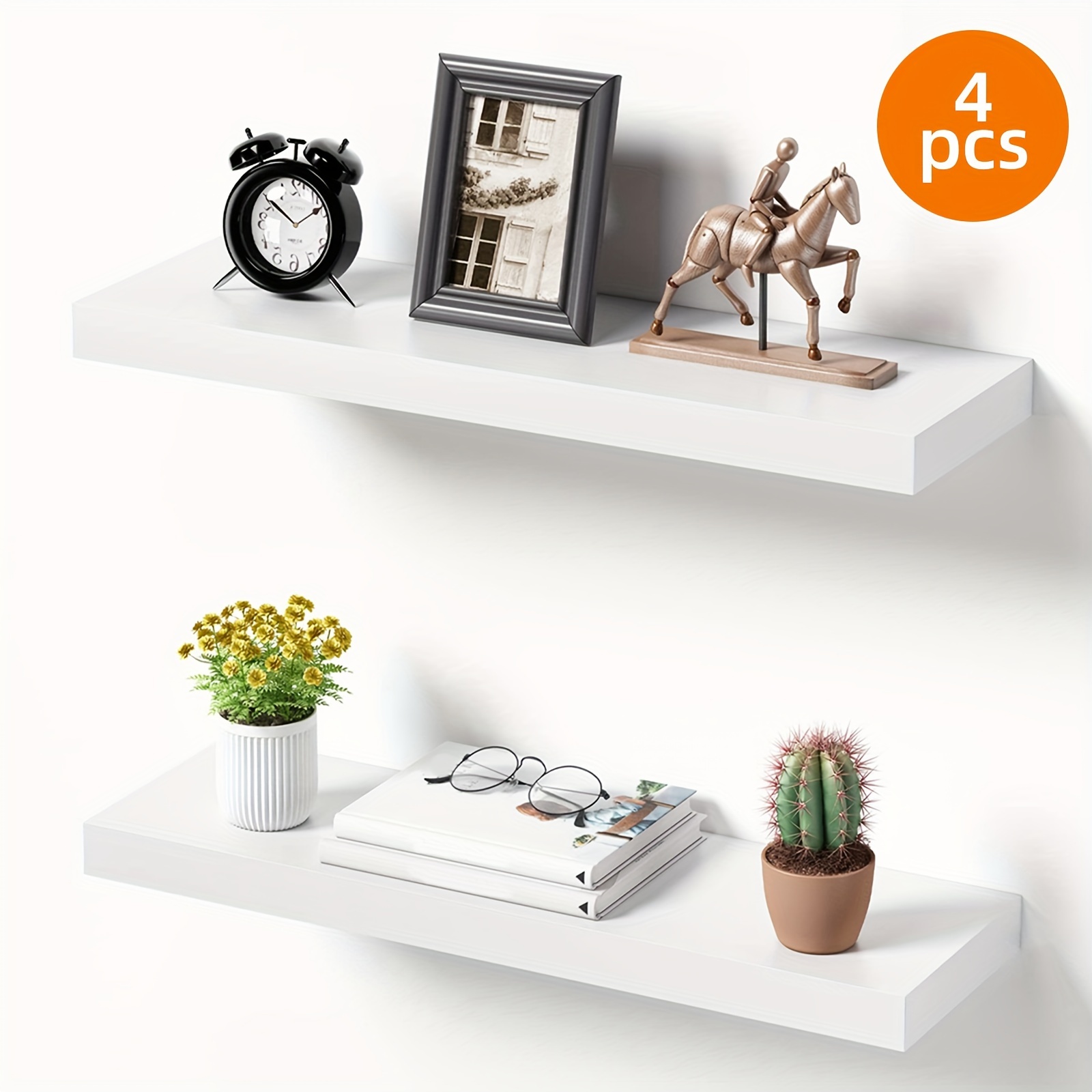 

4/6/8pcs White Floating Shelves, Wall Shelves, Large 23.6in X 6in Wall Mounted Shelf For Bedroom, Living Room, Bathroom And Plants, Display Beloved Photos, Trophies And Other Delicate Decorations