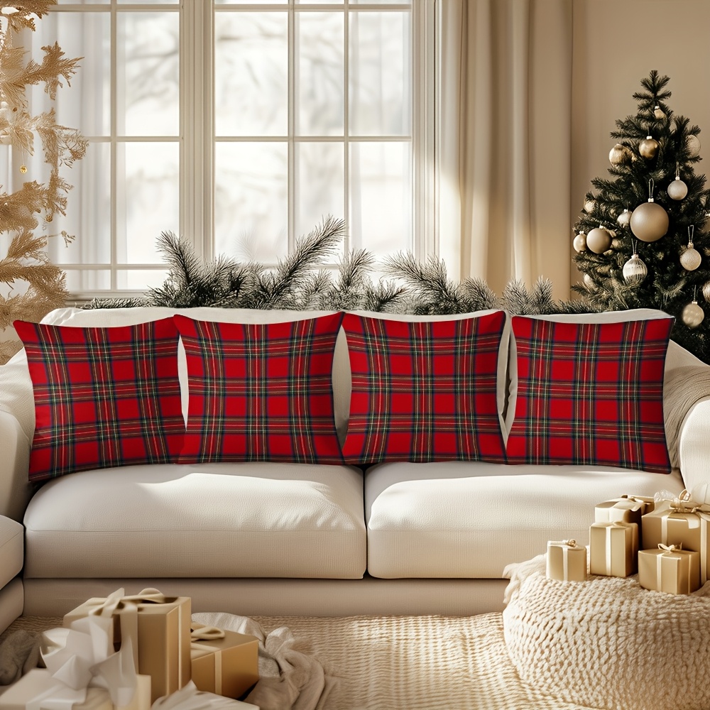 TEMU Lot de 4 taies d'oreiller à carreaux rouges - Housses de coussin à imprimé tartan écossais avec fermeture éclair, tissu facile à nettoyer,
