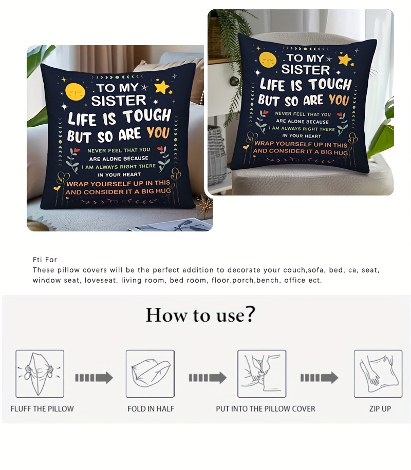 1pc   inspirational sister throw pillow cover 17 7x17 7 inch black polyester with zipper to my sister   tough message double sided print   home office decor machine washable insert not included details 5