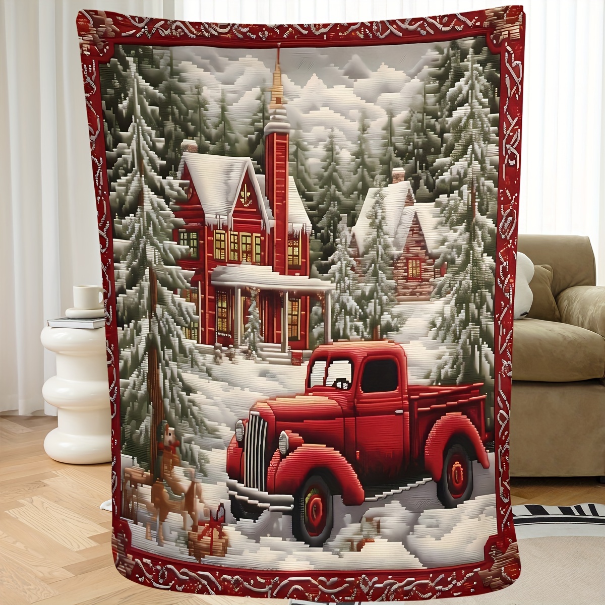 

Contemporary Festive Red Truck And Winter Cabin Scene Polyester Blanket - Digital Printed, Soft Comfort Bed/sofa Blanket For Travel And Home Decor - Hand Wash, All Seasons - Unique Gift For All Ages