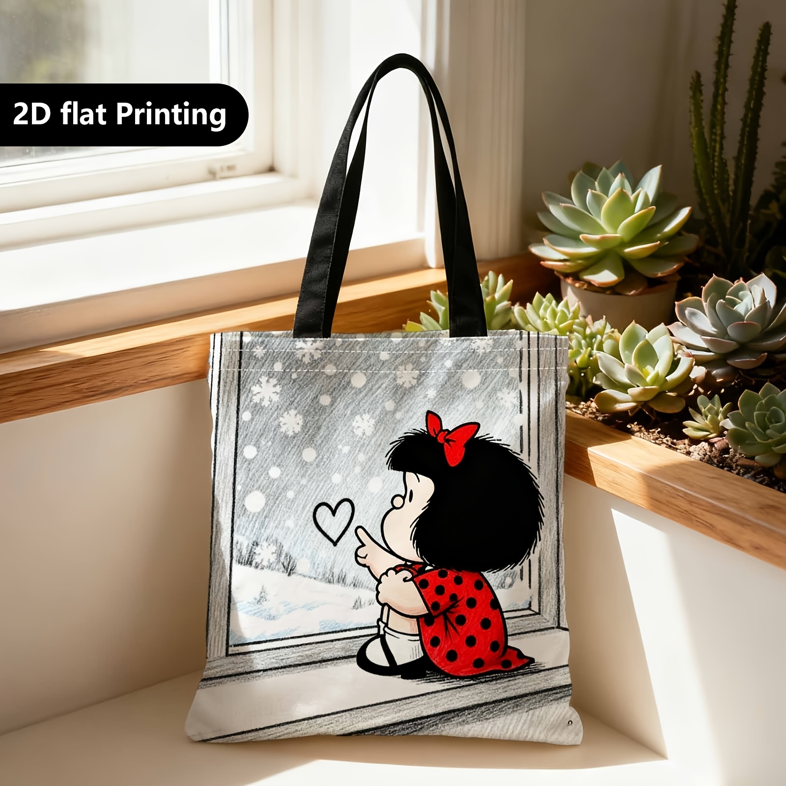 TEMU Borsa a spalla portatile 2D con finestra innevata, invernale | Adatta per viaggi, cosmetici, stoccaggio per le vacanze, arredamento per la casa,
