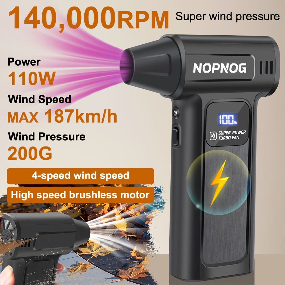 Soplador Turbo de 140000Rpm - Limpiador de Vehículos y Removedor de Nieve de 4 Velocidades, Recargable por USB-C