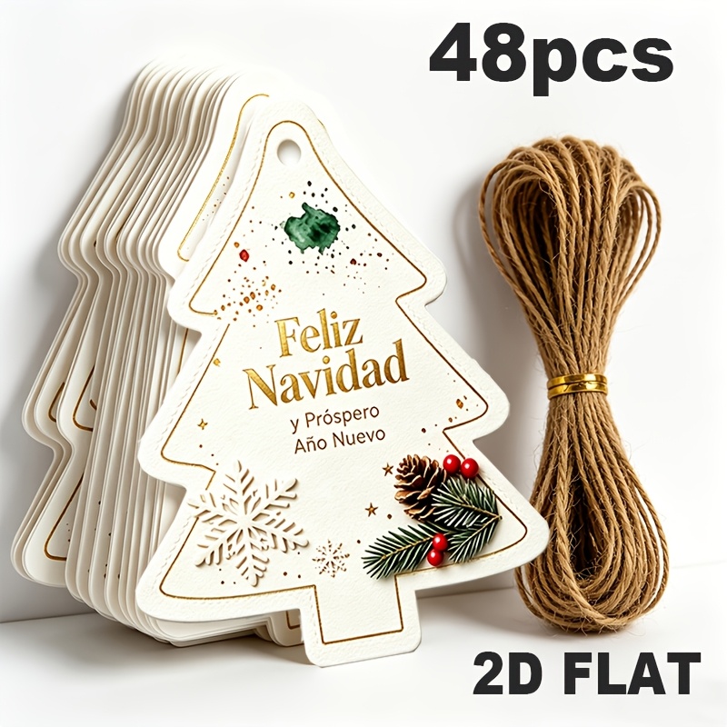 TEMU 48pcs, 2d Flat Christmas Tree Shaped Christmas Gift Tag, Spanish Christmas New Year Tag, 2d Flat Watercolor Splatter Design With String Gift