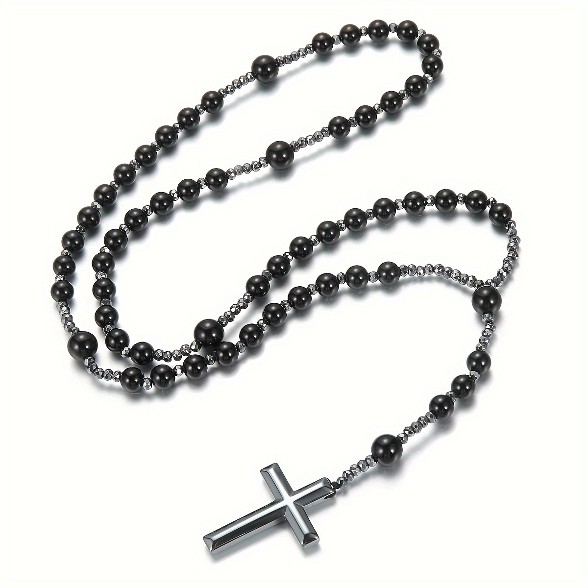 8mm Natural Stone Beads Cross Pendant Necklace