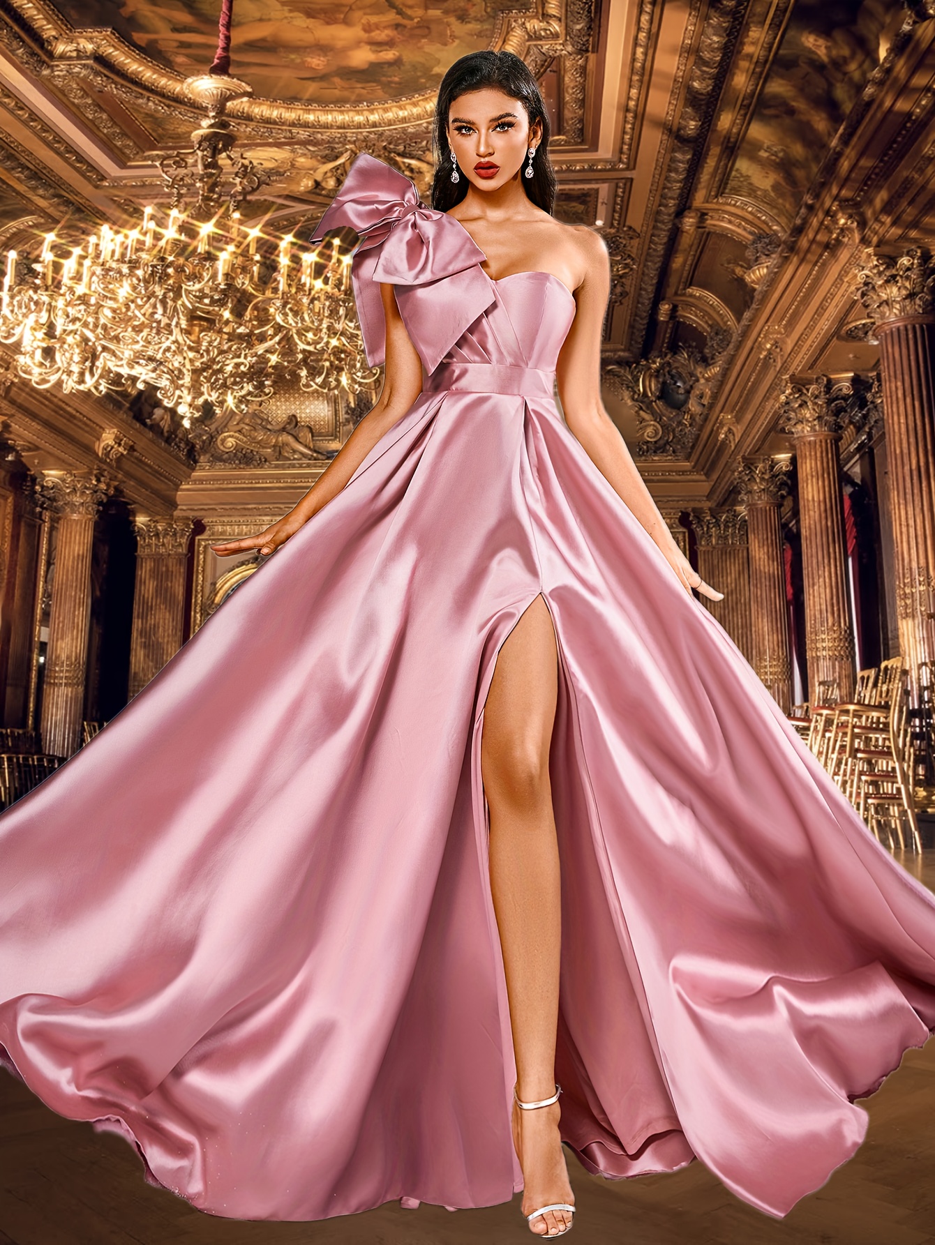 Elegant Off-Shoulder Satin Evening Gown for Women, Pink High Ball Gown  with Large Bow Detail, 100% Polyester, Sleeveless, Fitted, 240gsm Fabric