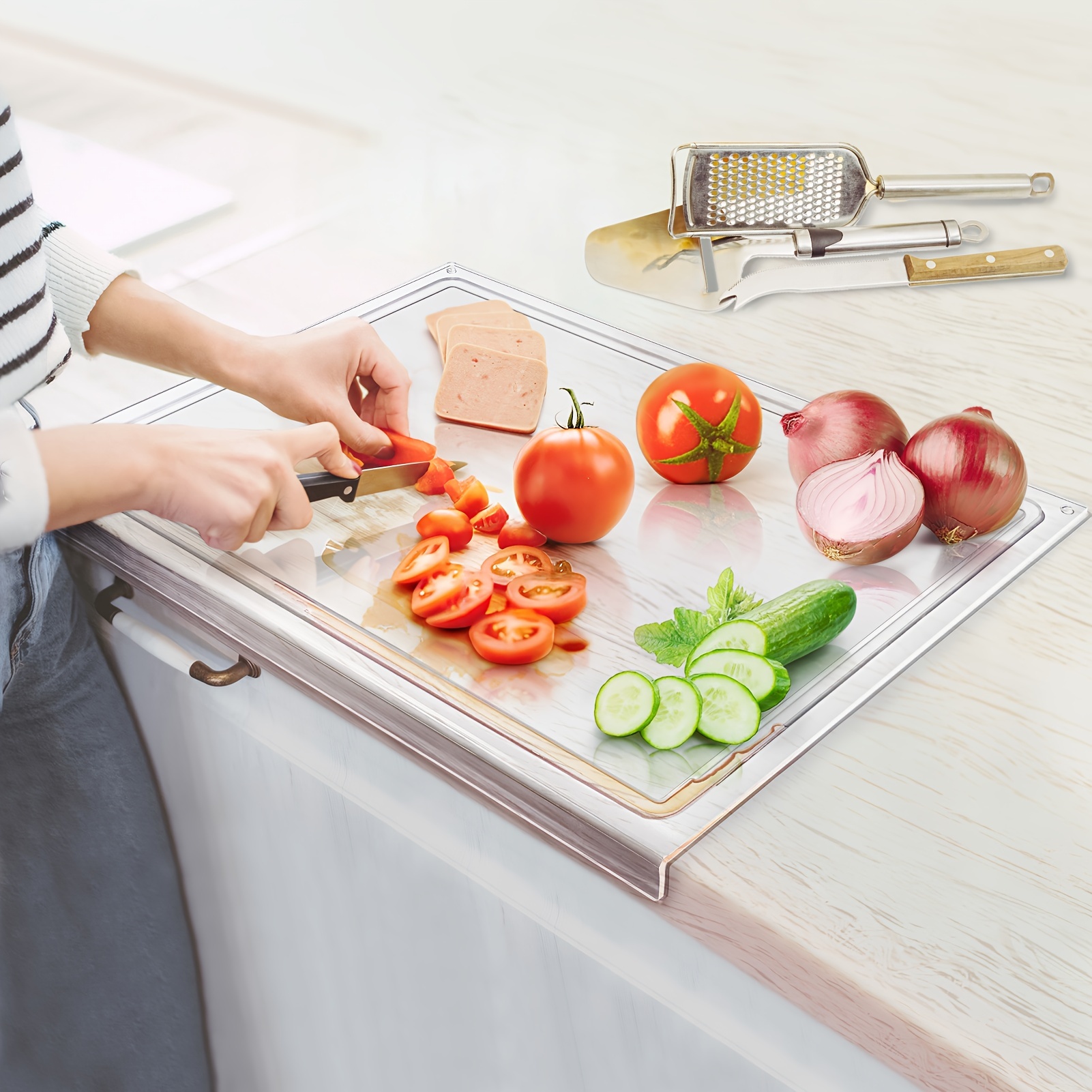 

Acrylic Large Cutting Board Measuring 24x18 Inches, Featuring A Juice Groove, A With A Counter Lip, And A Non-slip Surface, Kitchen Use, Table Protection, And As A Day Gift.